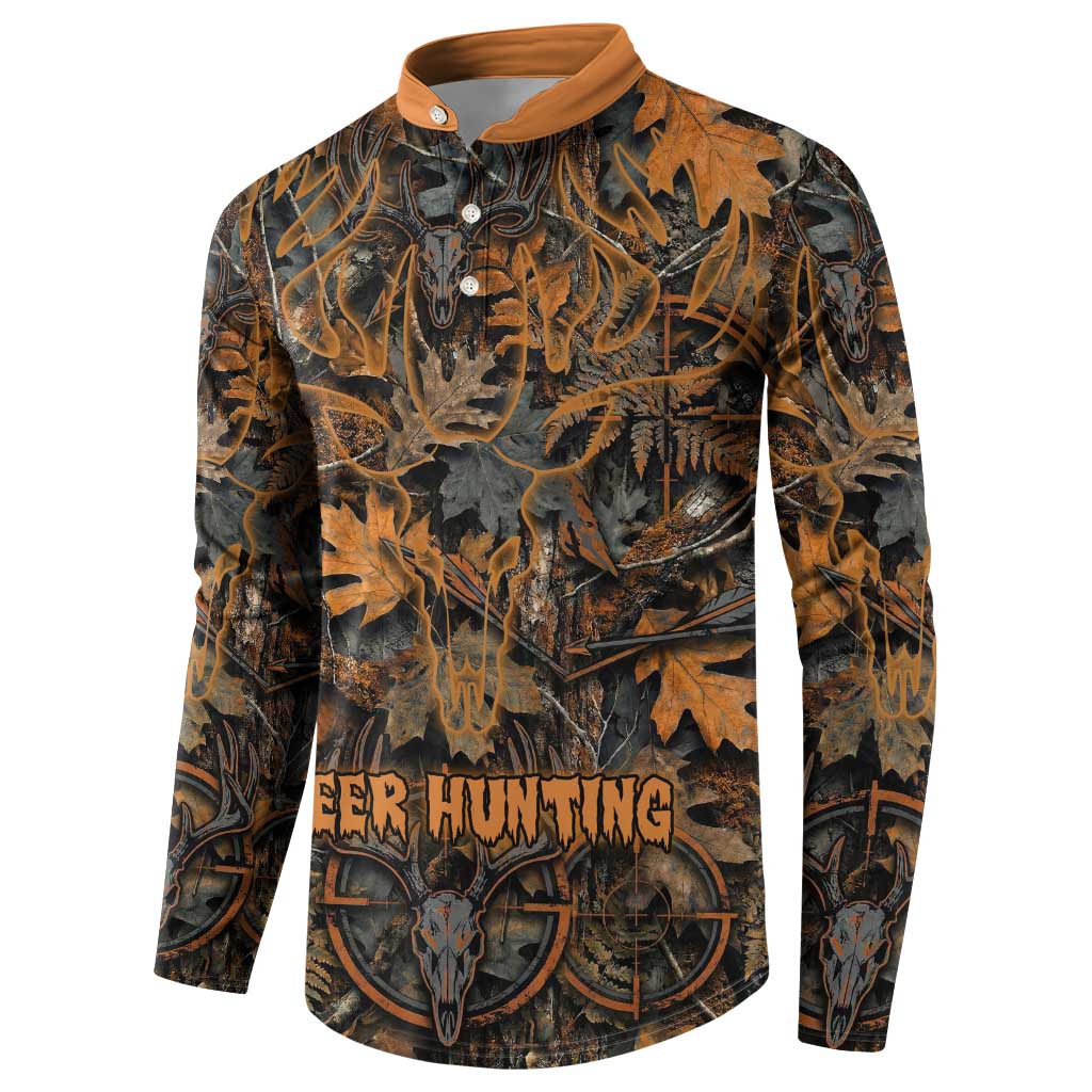 Deer Hunting Skull Button Sweatshirt Autumn Leaves Rustic Brown and Orange Tones