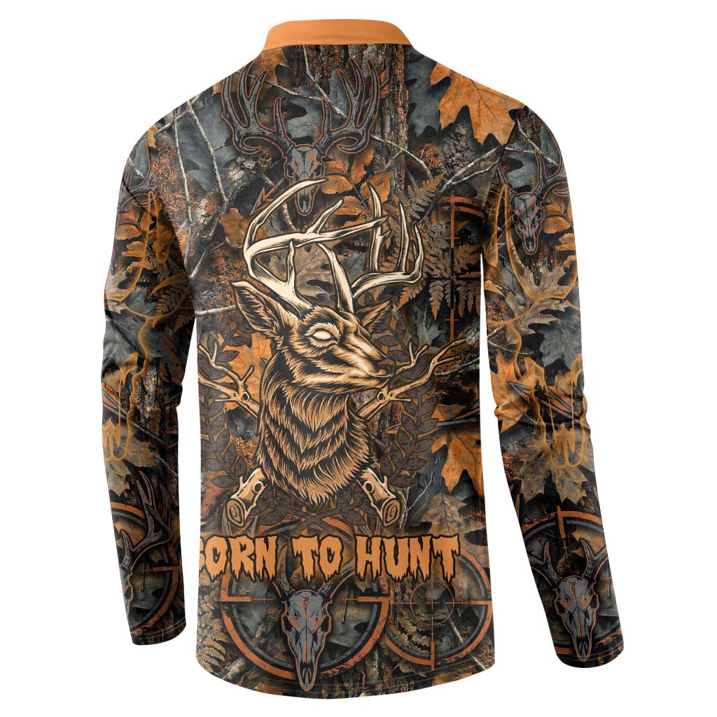 Deer Hunting Skull Button Sweatshirt Autumn Leaves Rustic Brown and Orange Tones