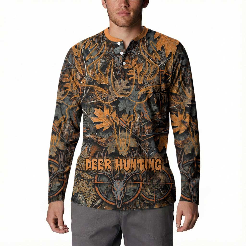 Deer Hunting Skull Button Sweatshirt Autumn Leaves Rustic Brown and Orange Tones