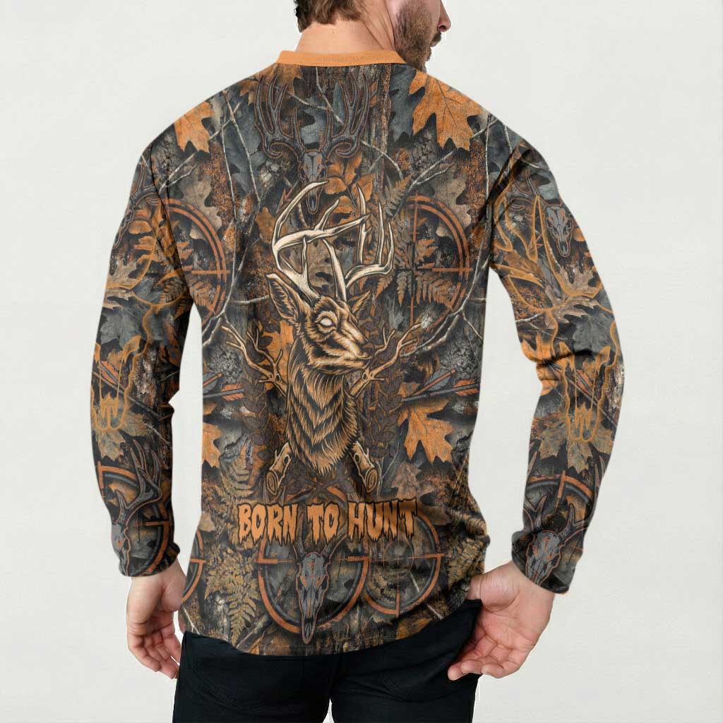 Deer Hunting Skull Button Sweatshirt Autumn Leaves Rustic Brown and Orange Tones