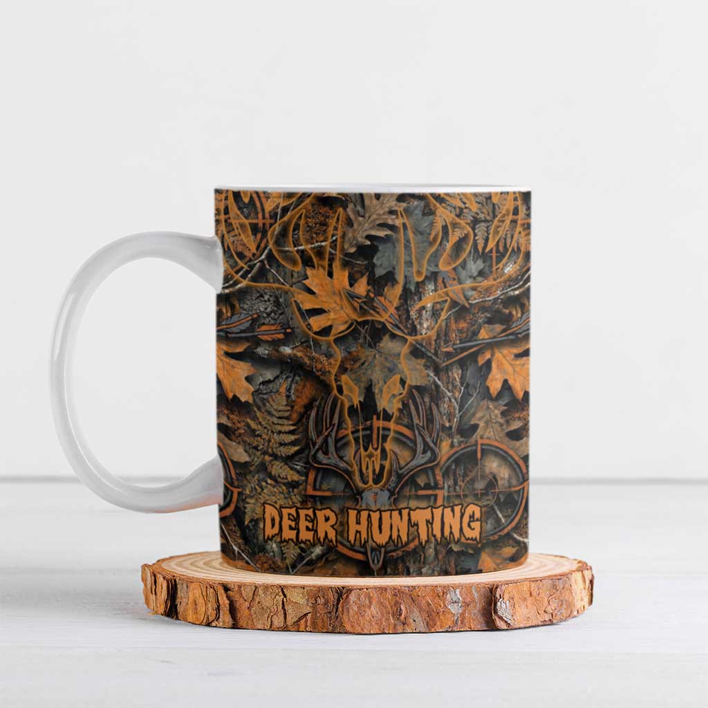 Deer Hunting Skull Ceramic Mug Autumn Leaves Rustic Brown and Orange Tones