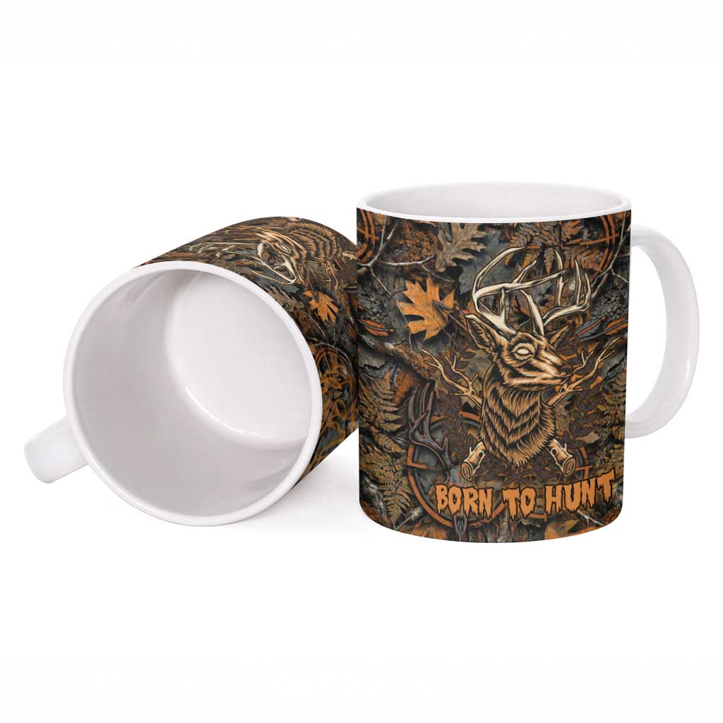 Deer Hunting Skull Ceramic Mug Autumn Leaves Rustic Brown and Orange Tones