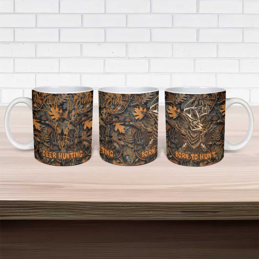 Deer Hunting Skull Ceramic Mug Autumn Leaves Rustic Brown and Orange Tones
