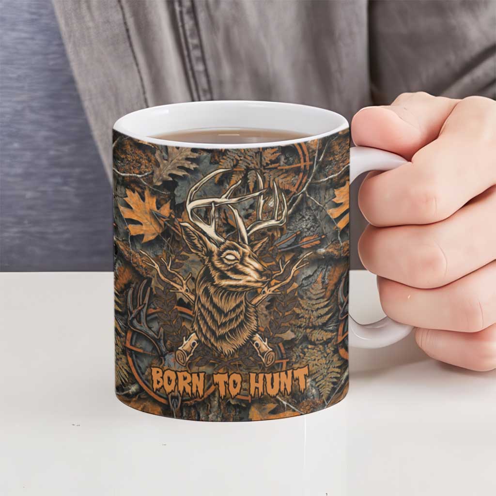 Deer Hunting Skull Ceramic Mug Autumn Leaves Rustic Brown and Orange Tones