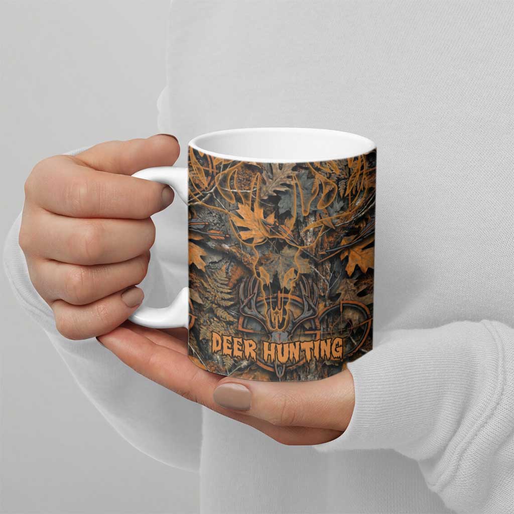 Deer Hunting Skull Ceramic Mug Autumn Leaves Rustic Brown and Orange Tones