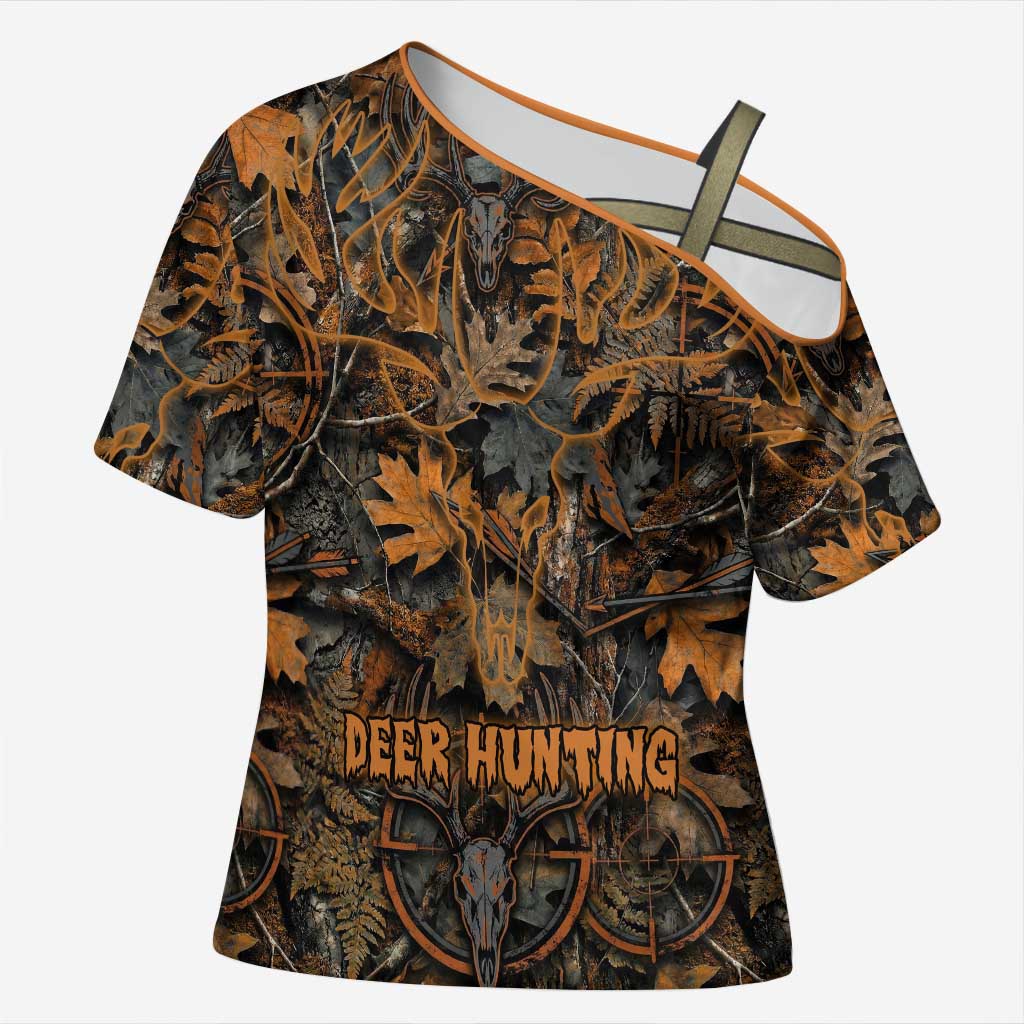 Deer Hunting Skull Cross Shoulder Shirt Autumn Leaves Rustic Brown and Orange Tones