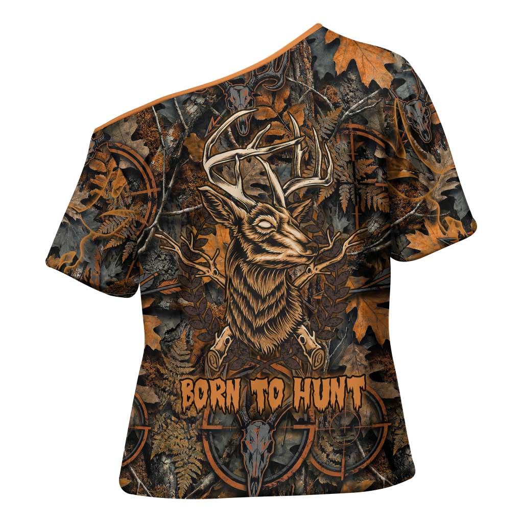 Deer Hunting Skull Cross Shoulder Shirt Autumn Leaves Rustic Brown and Orange Tones