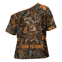 Deer Hunting Skull Cross Shoulder Shirt Autumn Leaves Rustic Brown and Orange Tones