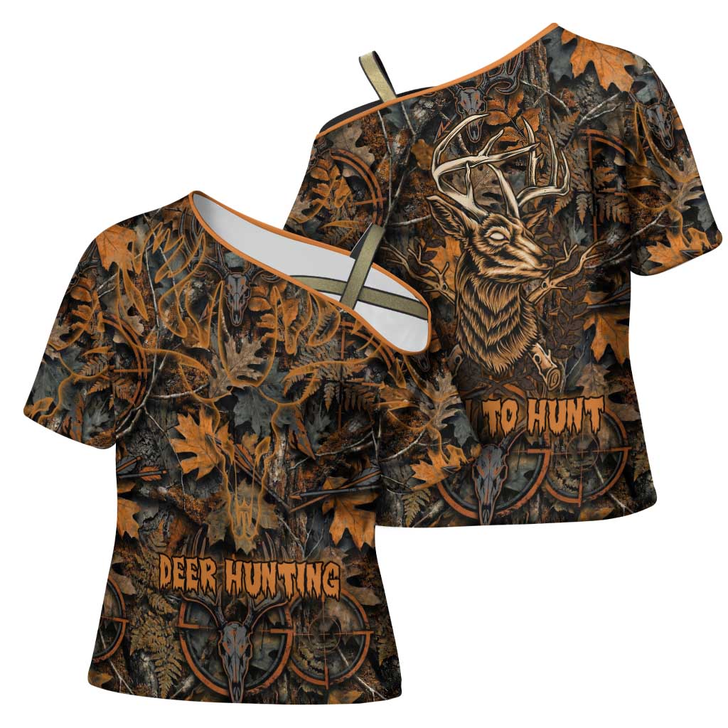 Deer Hunting Skull Cross Shoulder Shirt Autumn Leaves Rustic Brown and Orange Tones