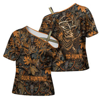 Deer Hunting Skull Cross Shoulder Shirt Autumn Leaves Rustic Brown and Orange Tones