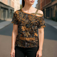 Deer Hunting Skull Cross Shoulder Shirt Autumn Leaves Rustic Brown and Orange Tones