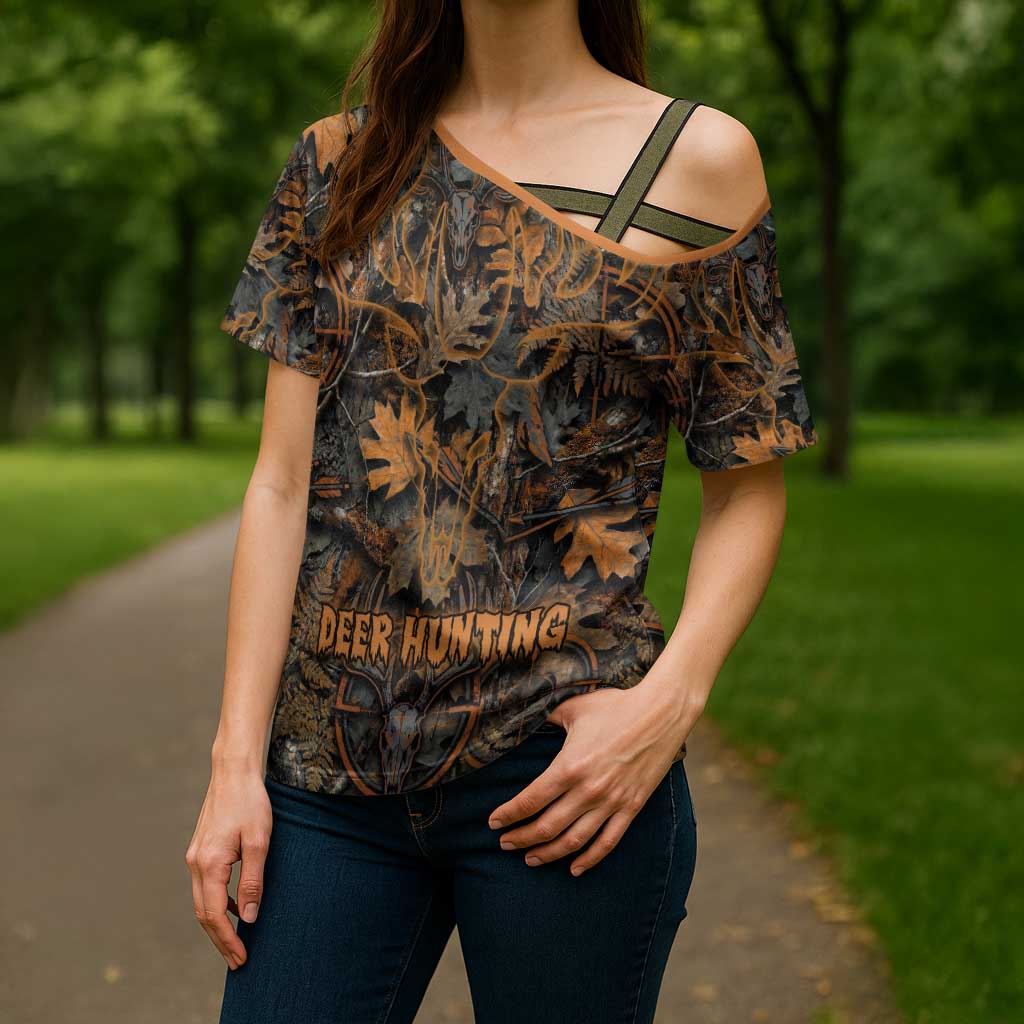 Deer Hunting Skull Cross Shoulder Shirt Autumn Leaves Rustic Brown and Orange Tones