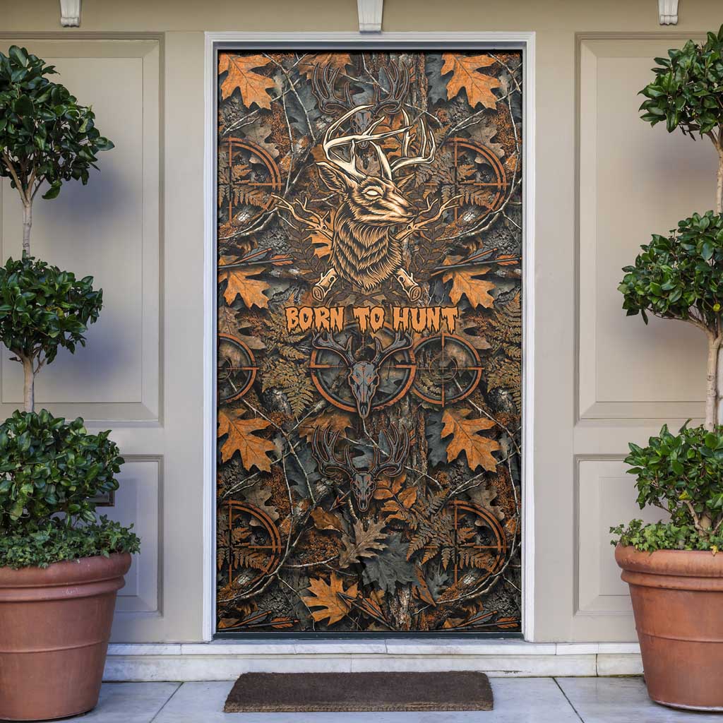 Deer Hunting Skull Door Cover Autumn Leaves Rustic Brown and Orange Tones