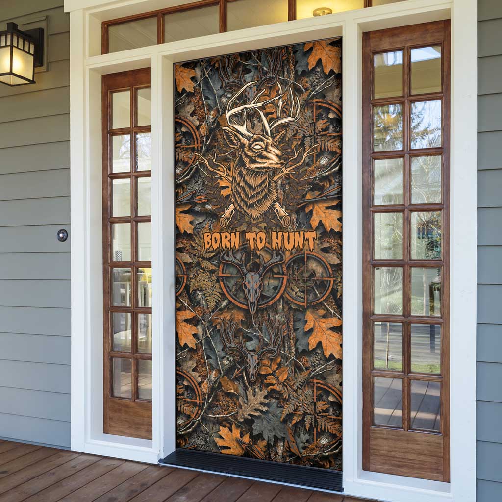 Deer Hunting Skull Door Cover Autumn Leaves Rustic Brown and Orange Tones