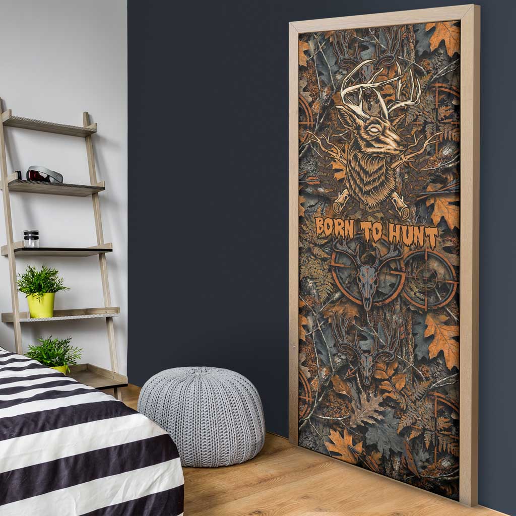 Deer Hunting Skull Door Cover Autumn Leaves Rustic Brown and Orange Tones
