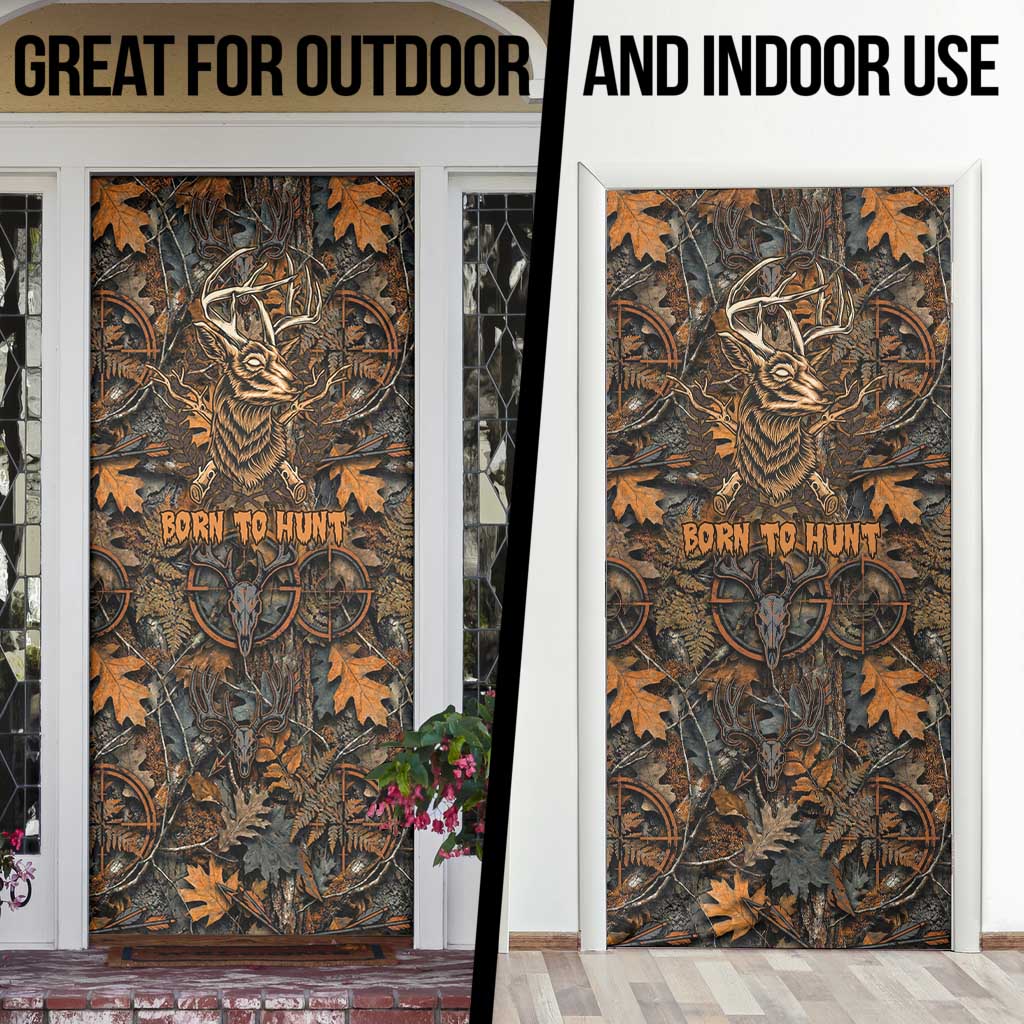 Deer Hunting Skull Door Cover Autumn Leaves Rustic Brown and Orange Tones