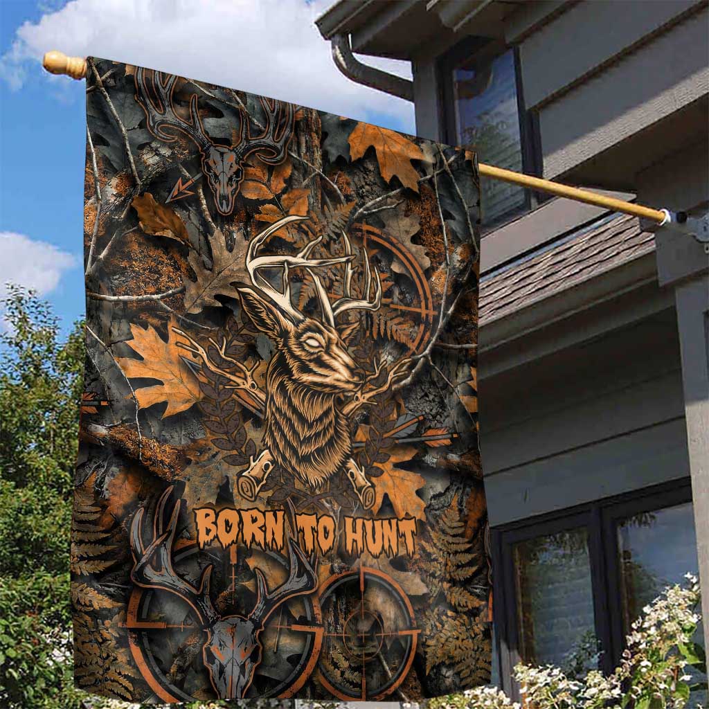 Deer Hunting Skull Garden Flag Autumn Leaves Rustic Brown and Orange Tones