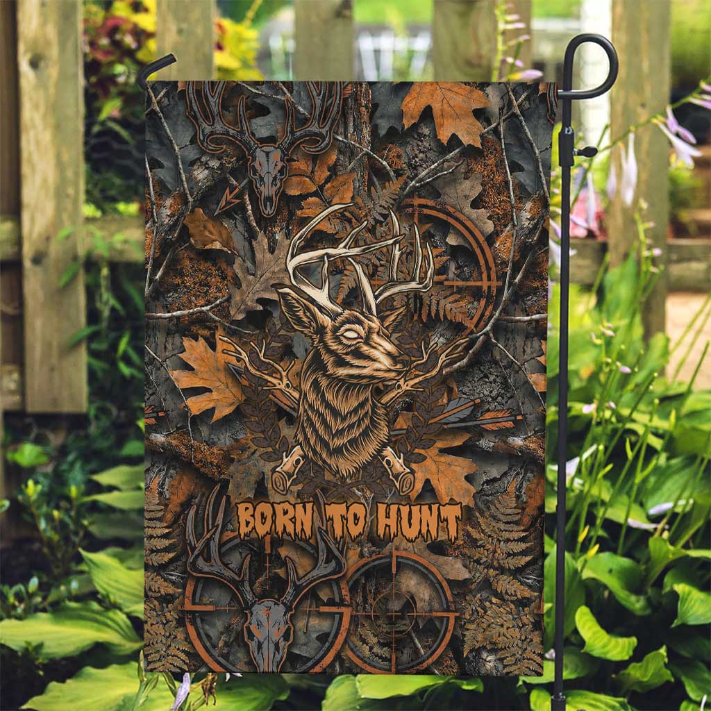 Deer Hunting Skull Garden Flag Autumn Leaves Rustic Brown and Orange Tones