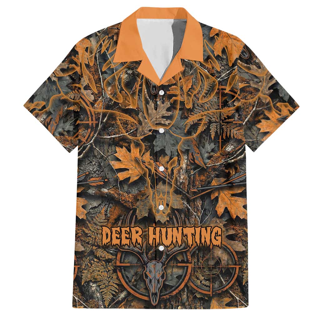 Deer Hunting Skull Hawaiian Shirt Autumn Leaves Rustic Brown and Orange Tones
