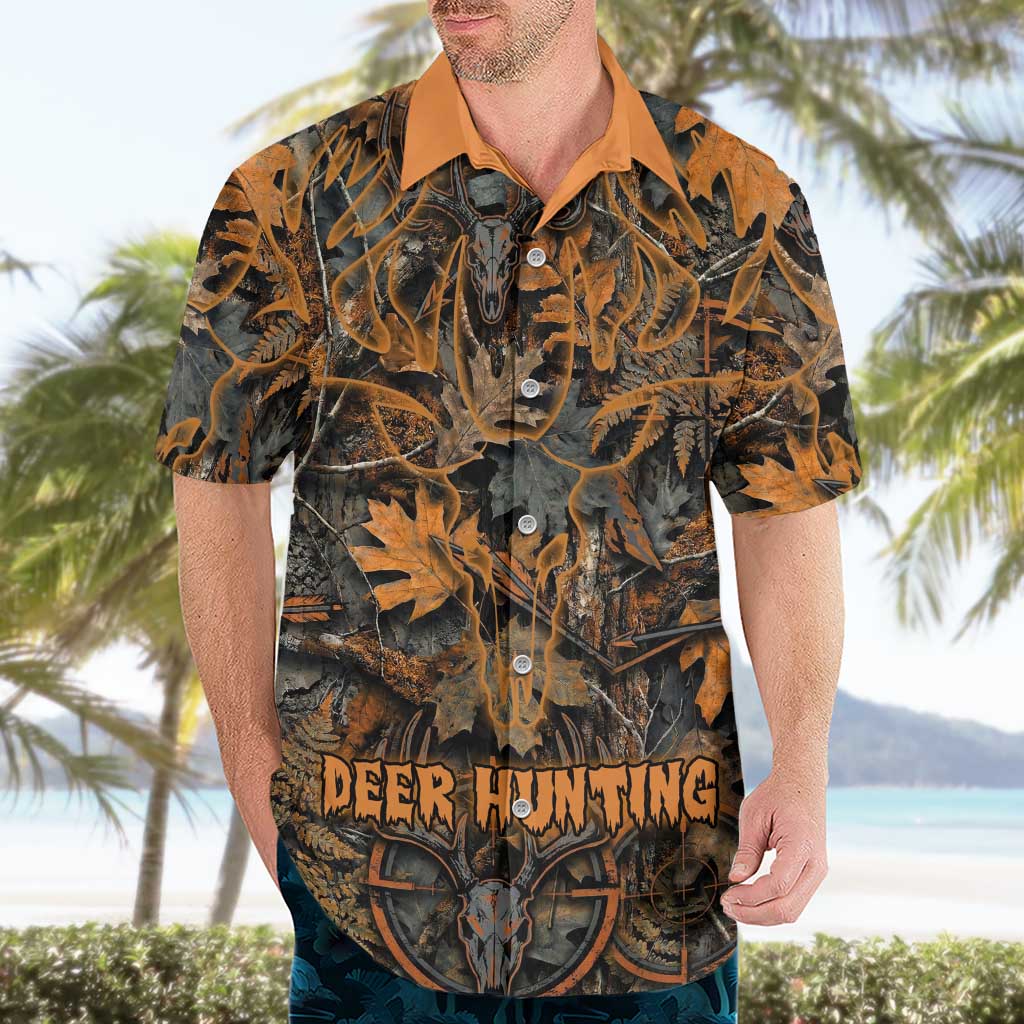 Deer Hunting Skull Hawaiian Shirt Autumn Leaves Rustic Brown and Orange Tones
