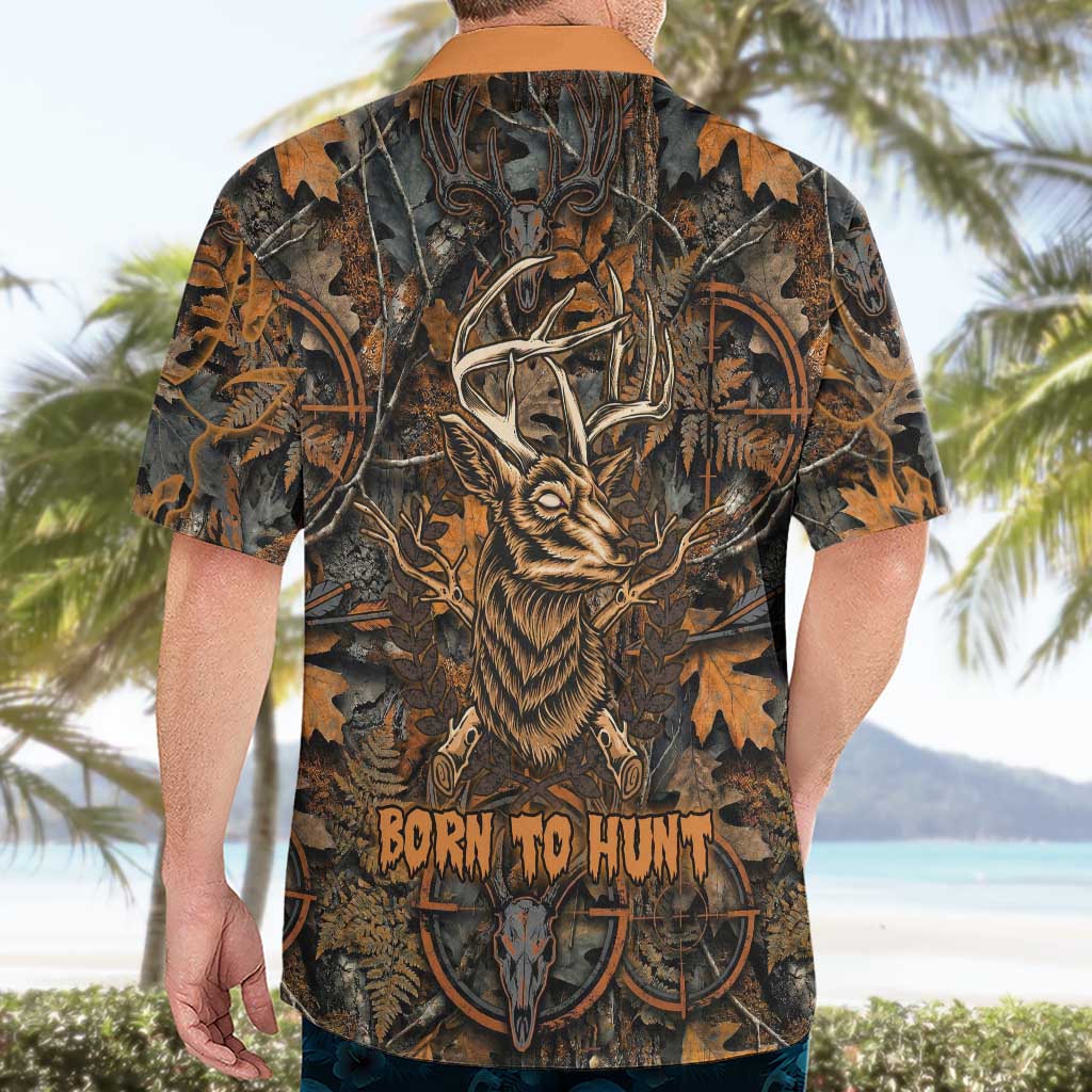 Deer Hunting Skull Hawaiian Shirt Autumn Leaves Rustic Brown and Orange Tones