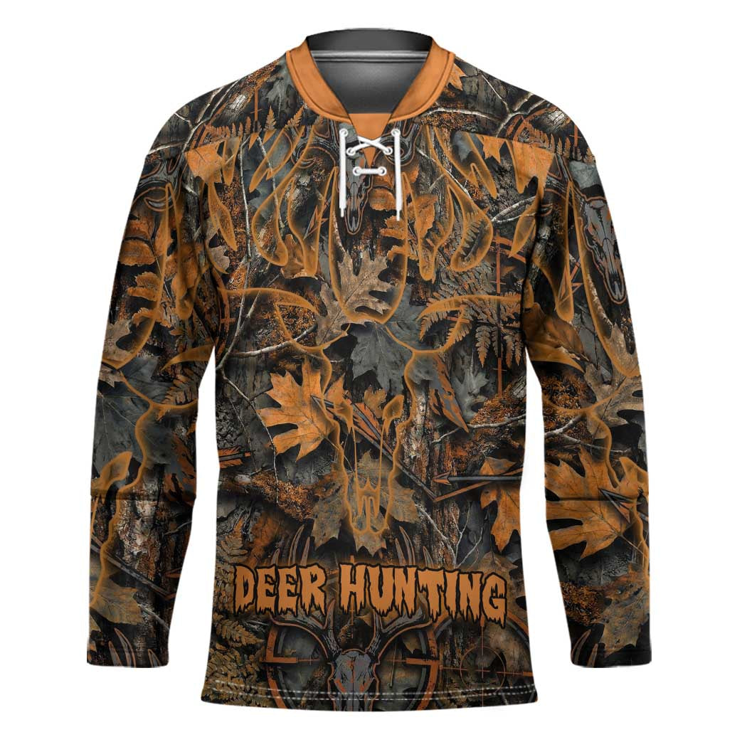 Deer Hunting Skull Hockey Jersey Autumn Leaves Rustic Brown and Orange Tones