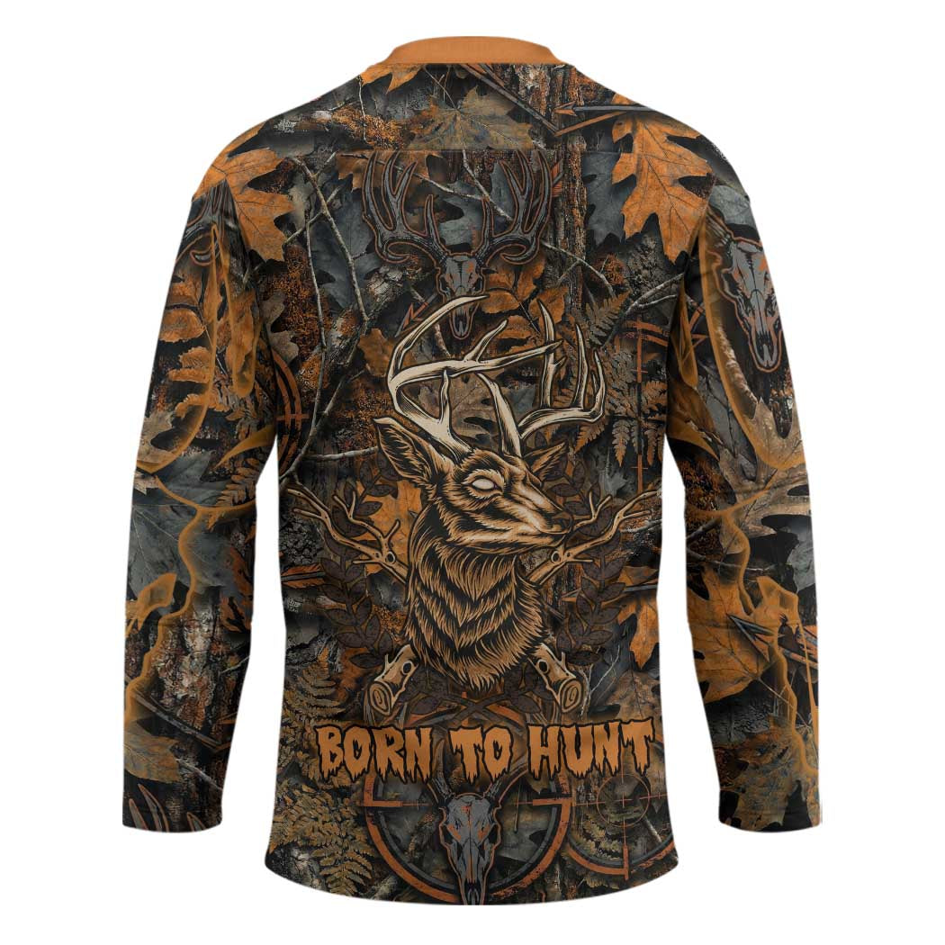 Deer Hunting Skull Hockey Jersey Autumn Leaves Rustic Brown and Orange Tones