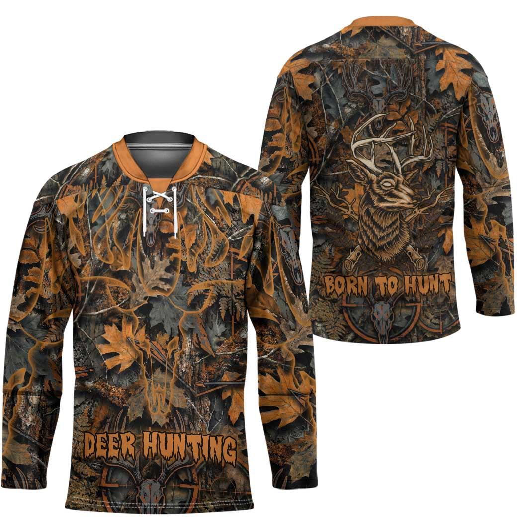 Deer Hunting Skull Hockey Jersey Autumn Leaves Rustic Brown and Orange Tones