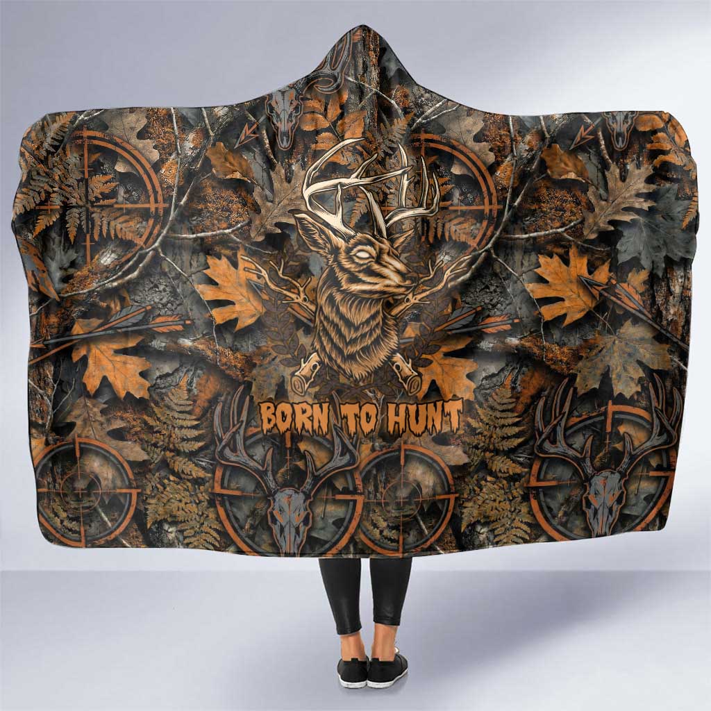 Deer Hunting Skull Hooded Blanket Autumn Leaves Rustic Brown and Orange Tones