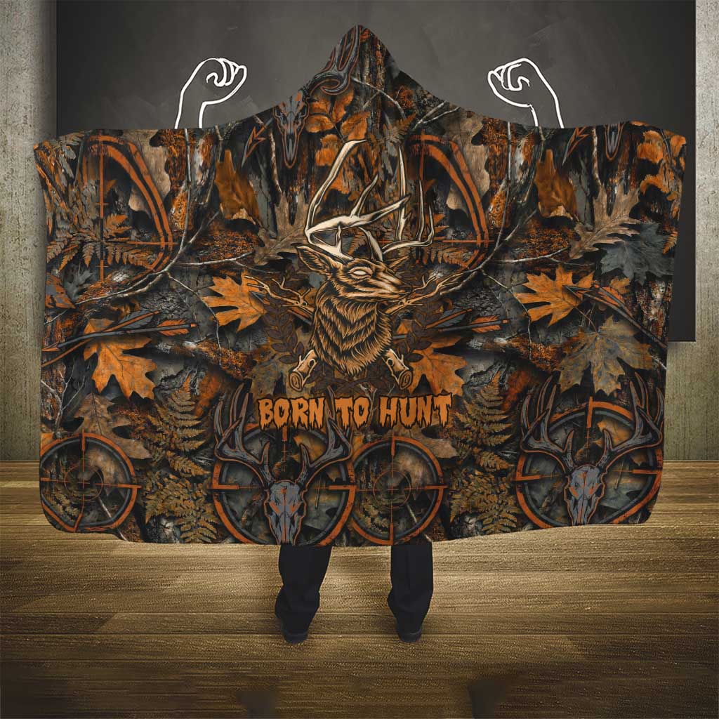 Deer Hunting Skull Hooded Blanket Autumn Leaves Rustic Brown and Orange Tones