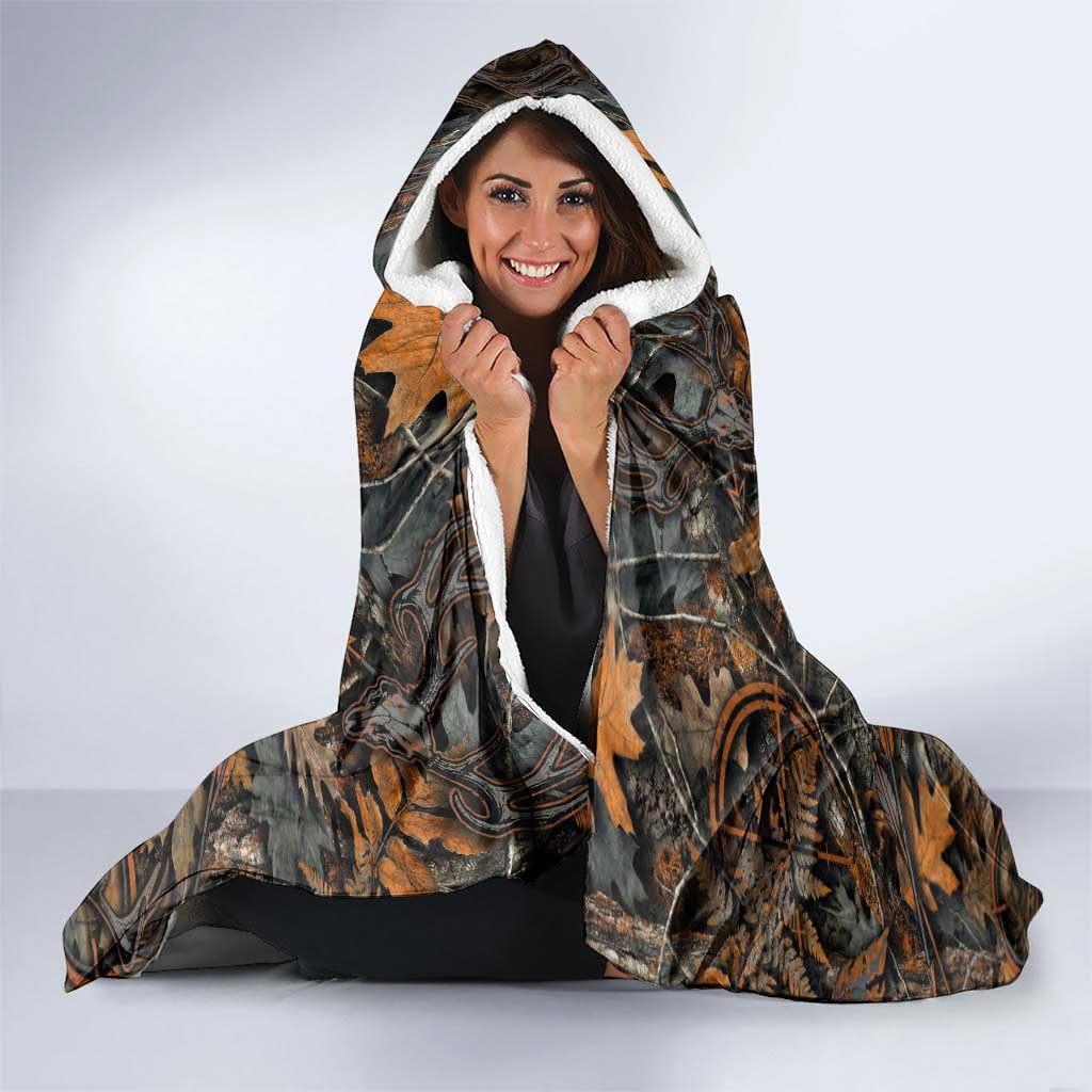 Deer Hunting Skull Hooded Blanket Autumn Leaves Rustic Brown and Orange Tones