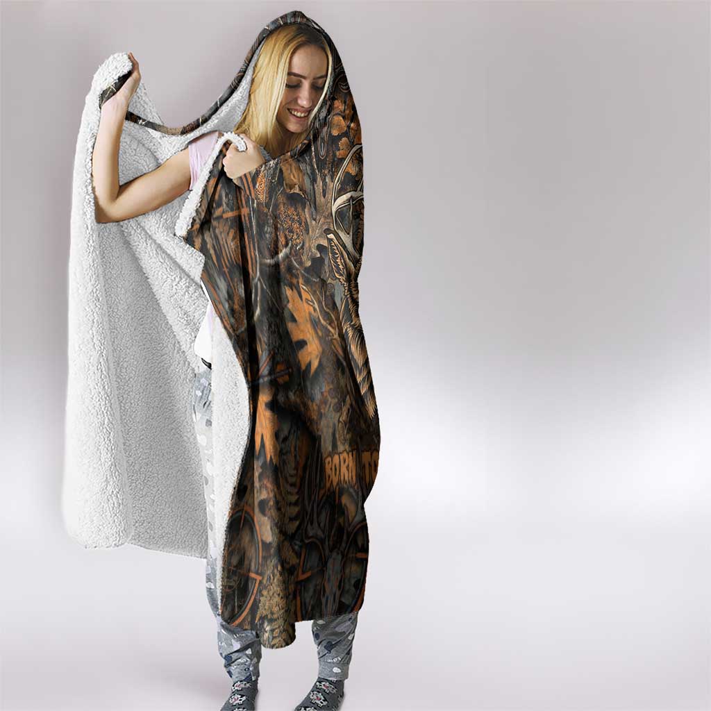 Deer Hunting Skull Hooded Blanket Autumn Leaves Rustic Brown and Orange Tones