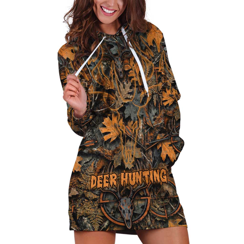Deer Hunting Skull Hoodie Dress Autumn Leaves Rustic Brown and Orange Tones