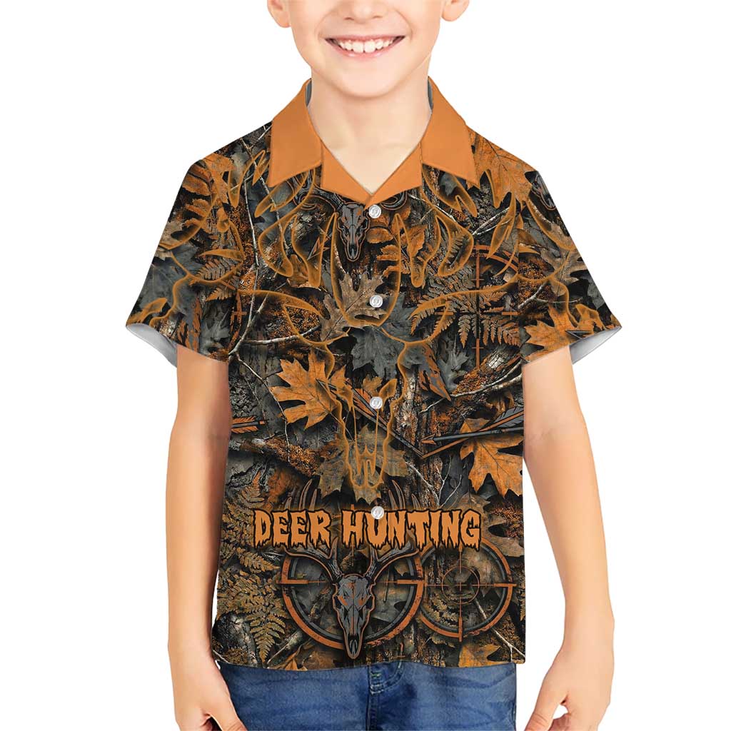 Deer Hunting Skull Kid Hawaiian Shirt Autumn Leaves Rustic Brown and Orange Tones
