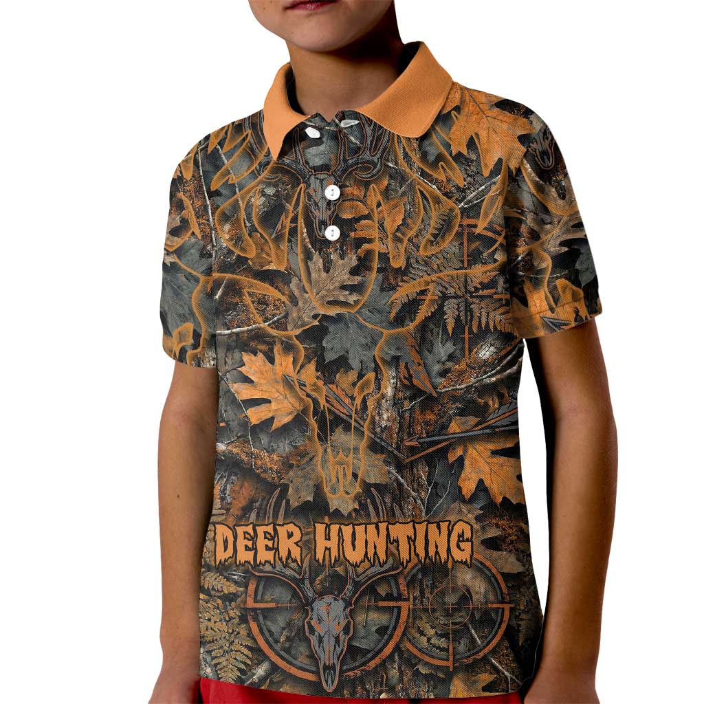 Deer Hunting Skull Kid Polo Shirt Autumn Leaves Rustic Brown and Orange Tones