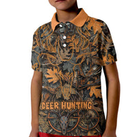 Deer Hunting Skull Kid Polo Shirt Autumn Leaves Rustic Brown and Orange Tones