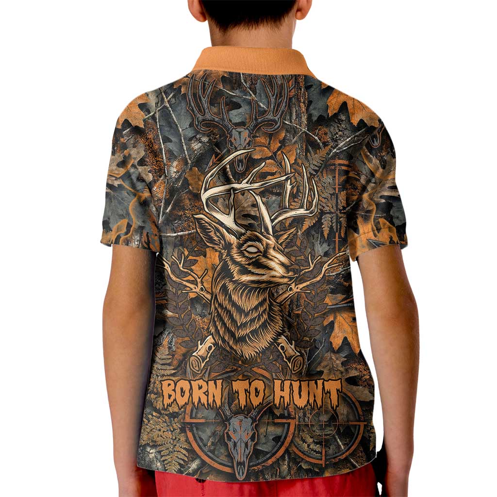 Deer Hunting Skull Kid Polo Shirt Autumn Leaves Rustic Brown and Orange Tones