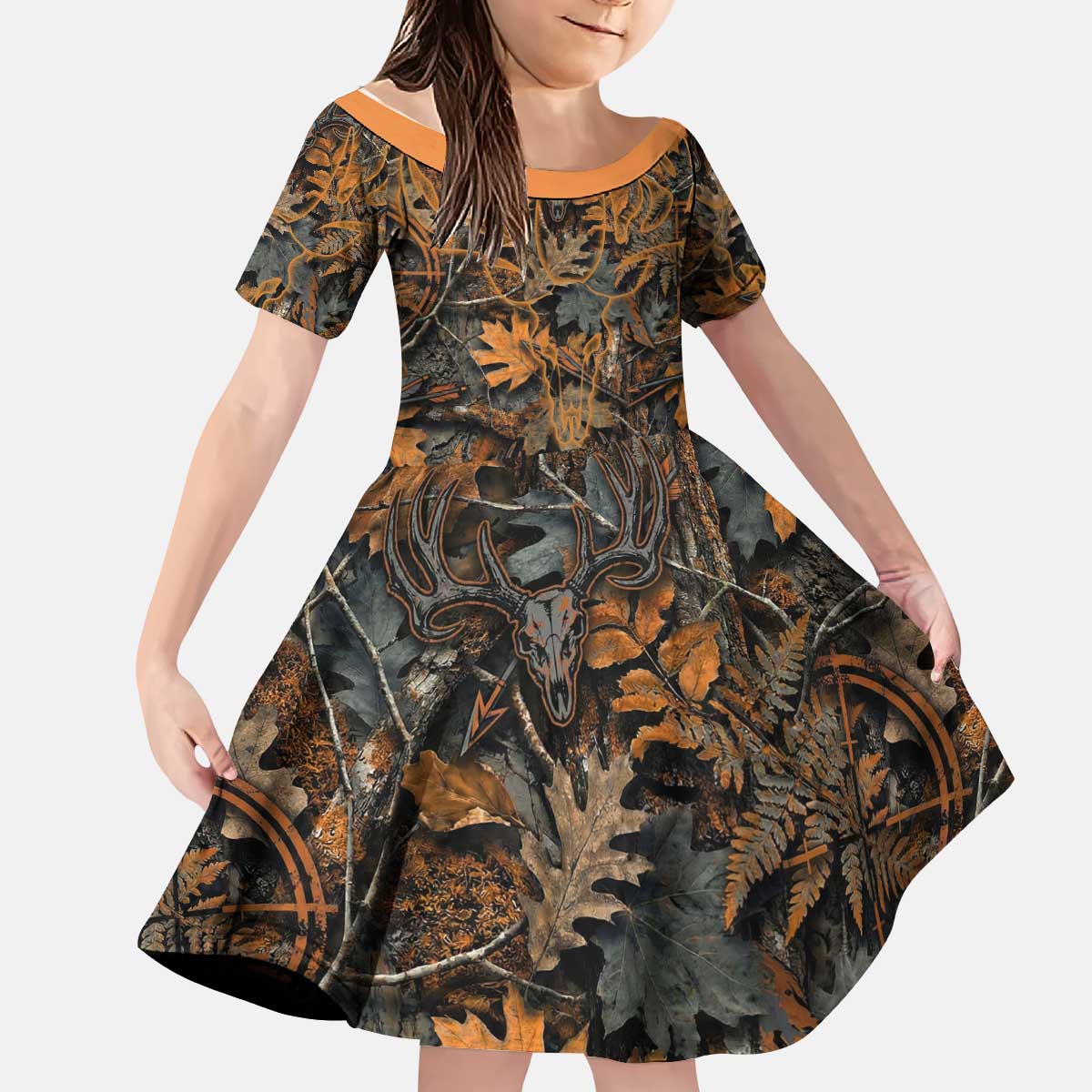 Deer Hunting Skull Kid Short Sleeve Dress Autumn Leaves Rustic Brown and Orange Tones