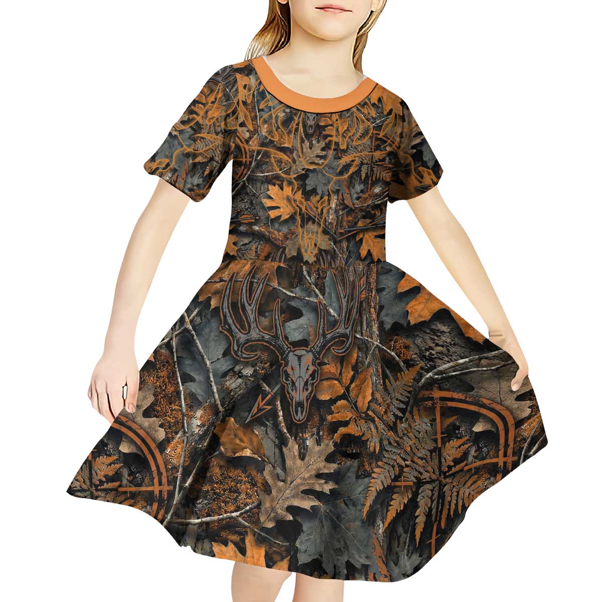Deer Hunting Skull Kid Short Sleeve Dress Autumn Leaves Rustic Brown and Orange Tones