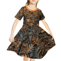 Deer Hunting Skull Kid Short Sleeve Dress Autumn Leaves Rustic Brown and Orange Tones