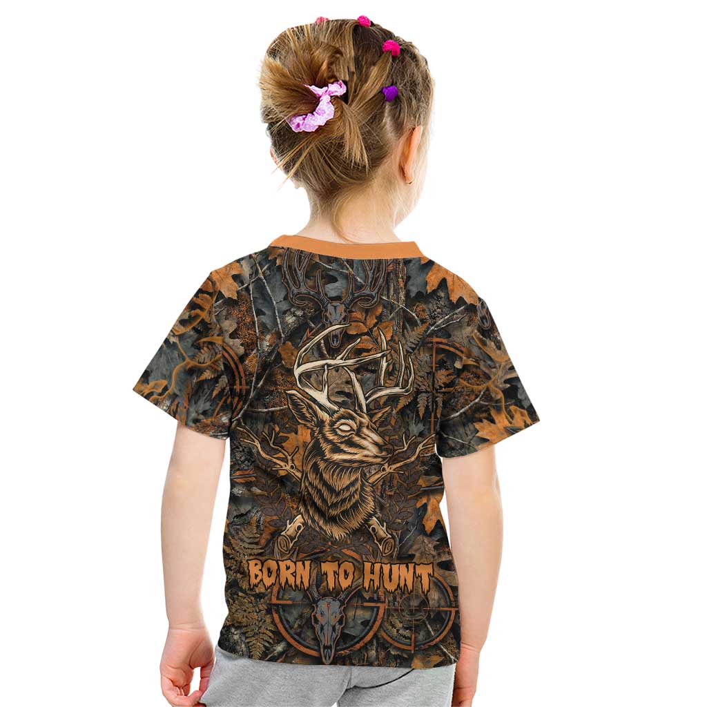 Deer Hunting Skull Kid T Shirt Autumn Leaves Rustic Brown and Orange Tones