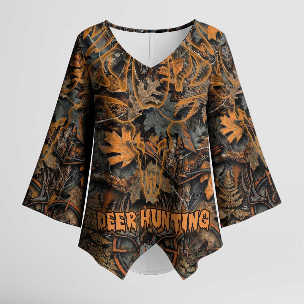 Deer Hunting Skull Kimono Sleeve Blouse Autumn Leaves Rustic Brown and Orange Tones