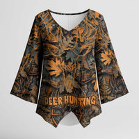 Deer Hunting Skull Kimono Sleeve Blouse Autumn Leaves Rustic Brown and Orange Tones