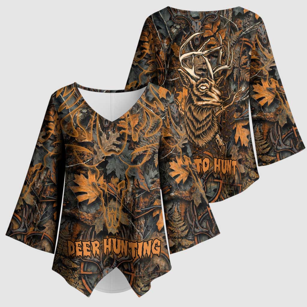 Deer Hunting Skull Kimono Sleeve Blouse Autumn Leaves Rustic Brown and Orange Tones