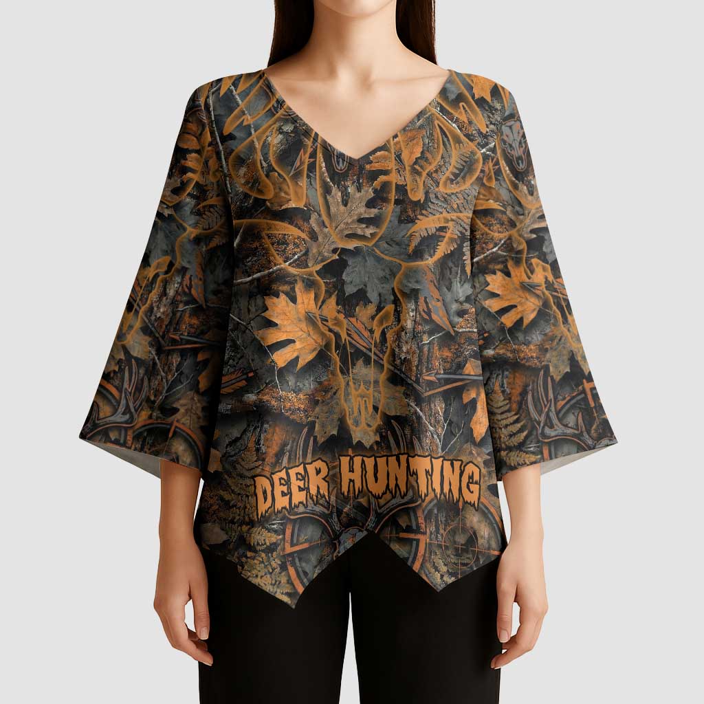 Deer Hunting Skull Kimono Sleeve Blouse Autumn Leaves Rustic Brown and Orange Tones