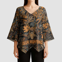 Deer Hunting Skull Kimono Sleeve Blouse Autumn Leaves Rustic Brown and Orange Tones