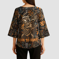 Deer Hunting Skull Kimono Sleeve Blouse Autumn Leaves Rustic Brown and Orange Tones