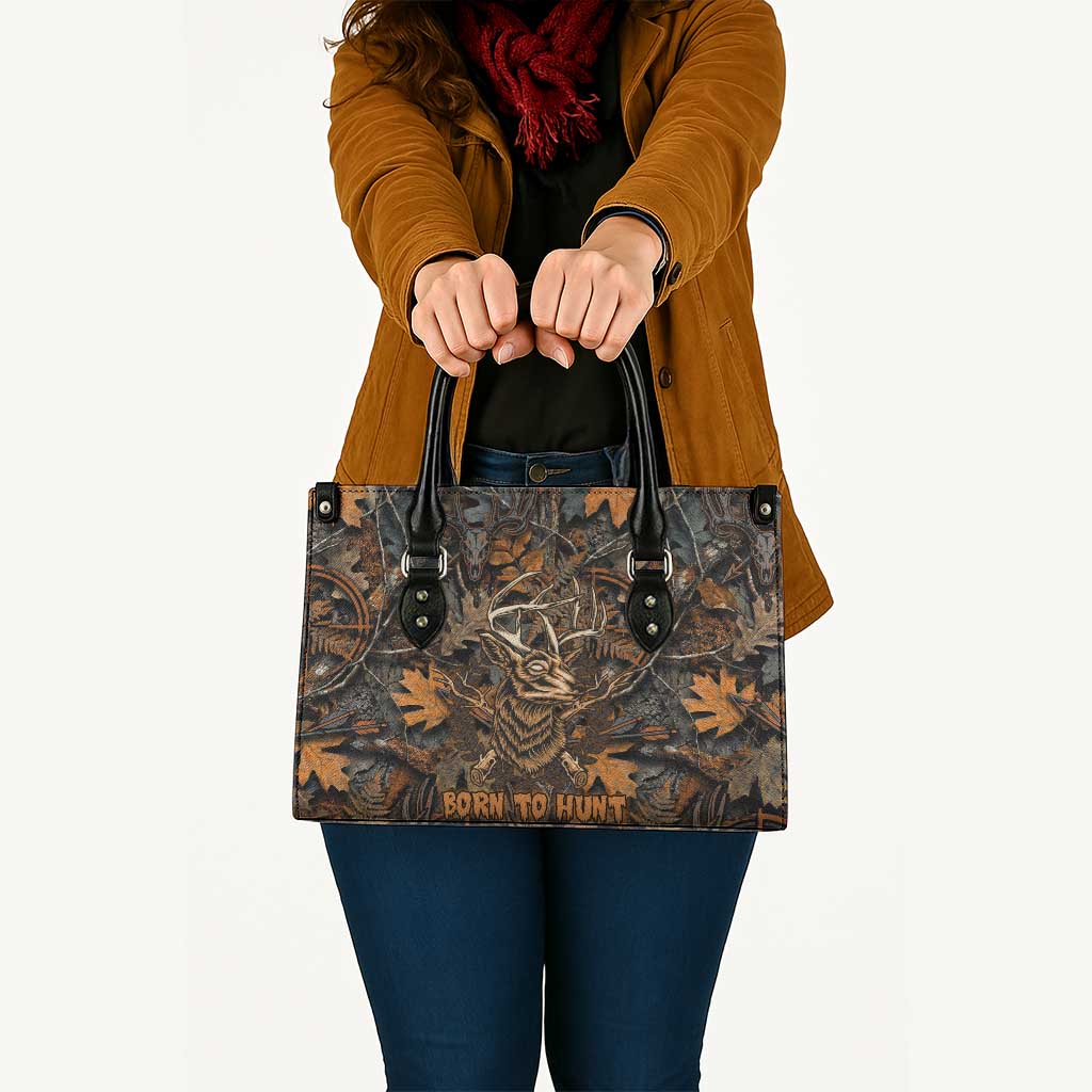 Deer Hunting Skull Leather Bag Autumn Leaves Rustic Brown and Orange Tones