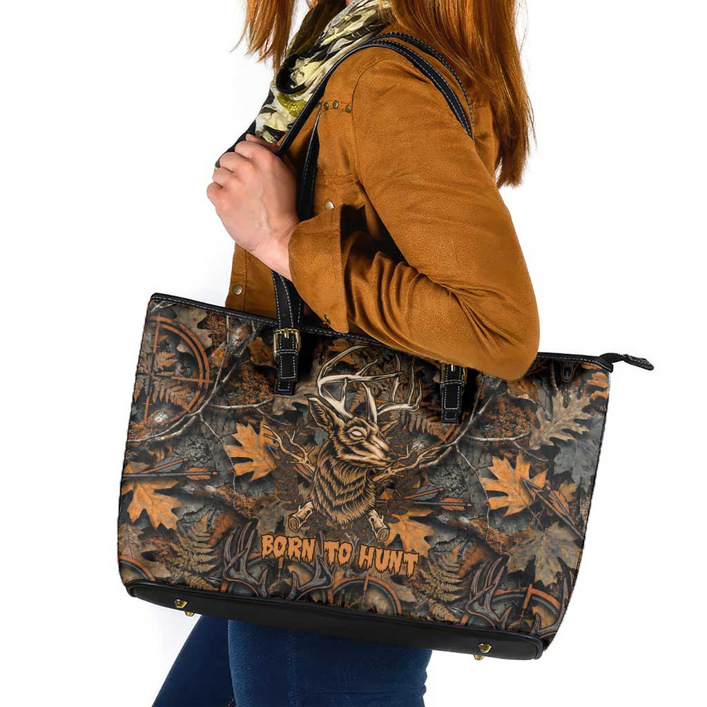 Deer Hunting Skull Leather Tote Bag Autumn Leaves Rustic Brown and Orange Tones