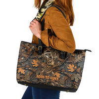 Deer Hunting Skull Leather Tote Bag Autumn Leaves Rustic Brown and Orange Tones